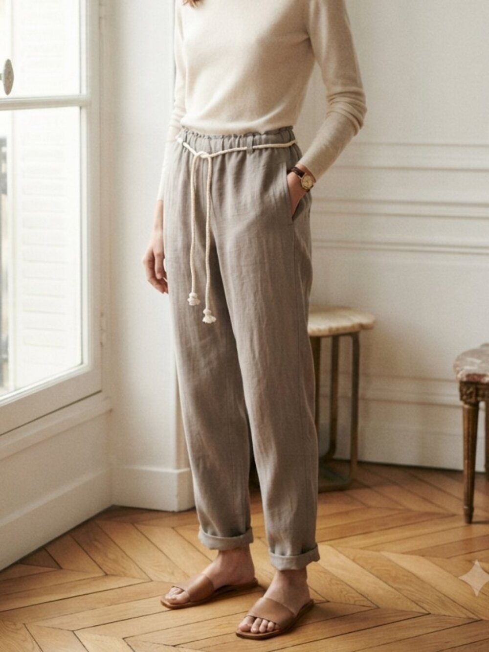 C&C California Light Taupe Drawstring Linen Pants Size Small
